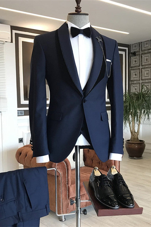 Tomas Navy Blue One Button Wedding Groom Suit with Shawl Lapel-Wedding Suits-BallBride