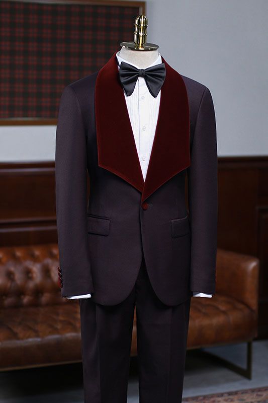 Trendy Burgundy 2-Piece Wedding Suit with Velvet Lapel for Grooms - Alexander-Wedding Suits-BallBride