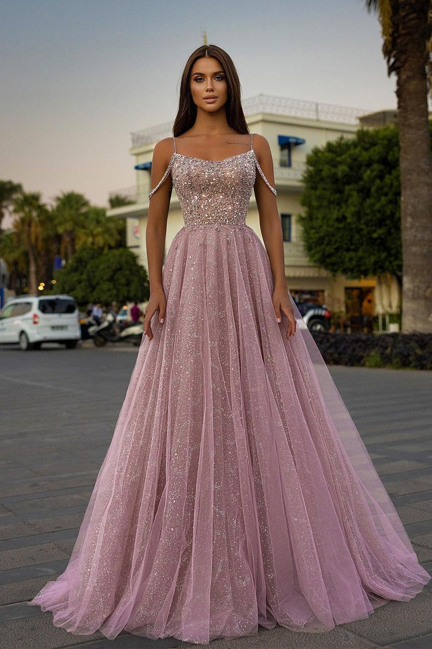 Tulle A-Line Long Spaghetti-Straps Prom Dress With Sequins Beads-BallBride