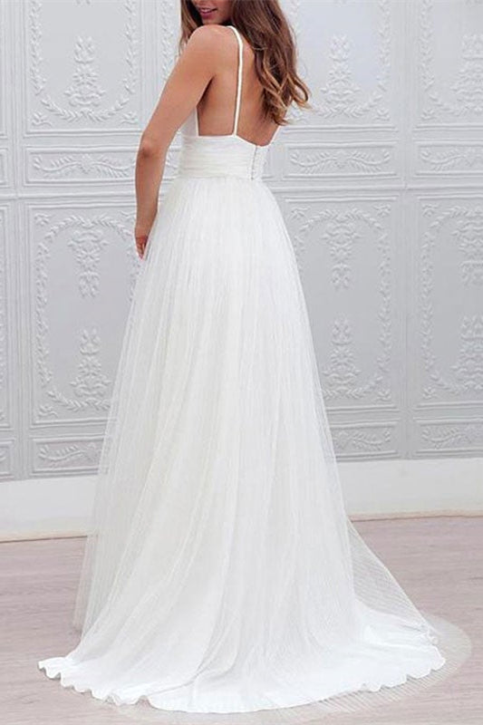 Tulle Beach Wedding Spaghetti-Straps Dress-Wedding Dresses-BallBride