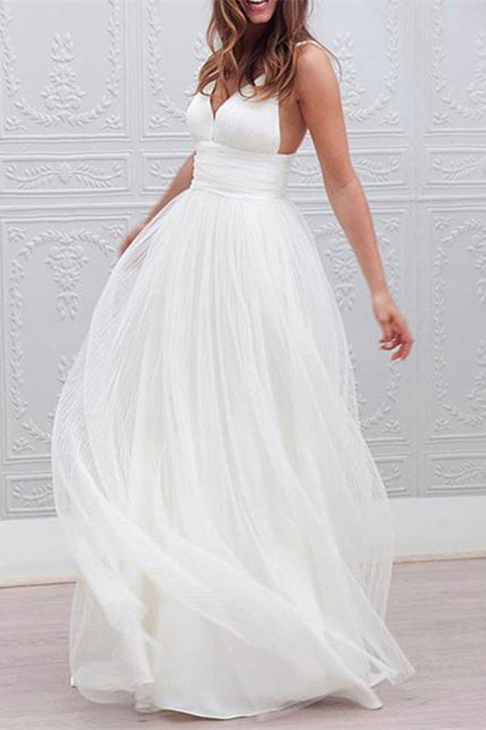 Tulle Beach Wedding Spaghetti-Straps Dress-Wedding Dresses-BallBride