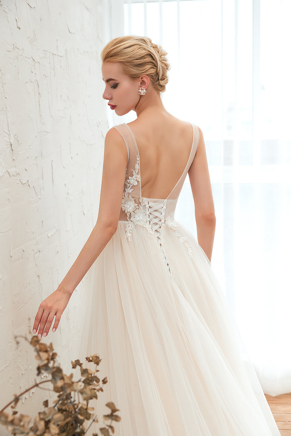 Tulle Deep V-Neck Wedding Dress With Fabulous Straps-Wedding Dresses-BallBride