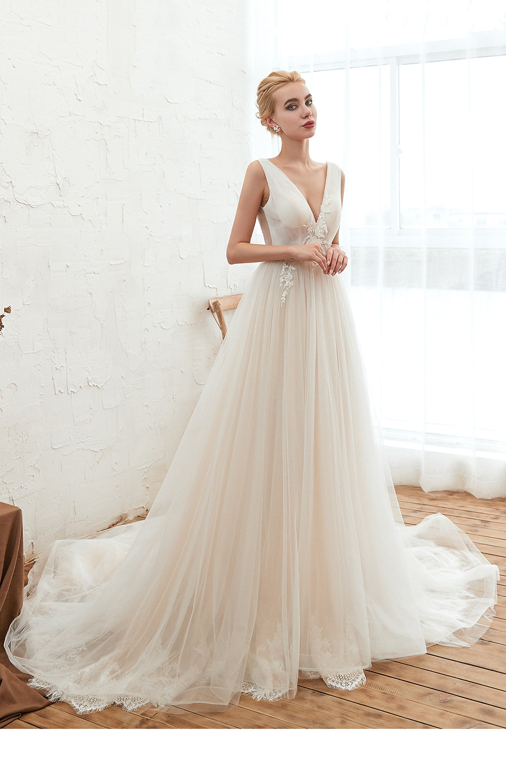 Tulle Deep V-Neck Wedding Dress With Fabulous Straps-Wedding Dresses-BallBride