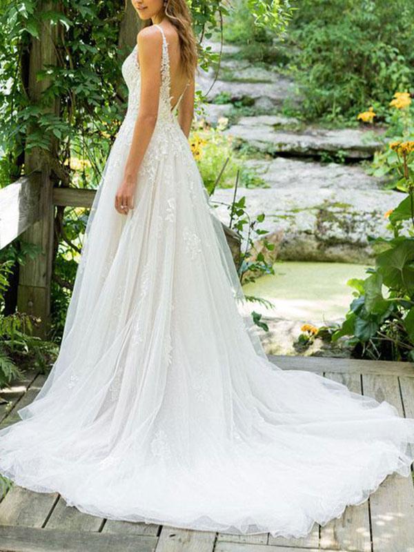 Tulle Lace Sleeveless Beach Wedding Dress-Wedding Dresses-BallBride