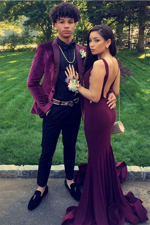 Two Pieces Casual Peak Lapel Prom Suit For Party With Burgundy Velvet-Prom Suits-BallBride