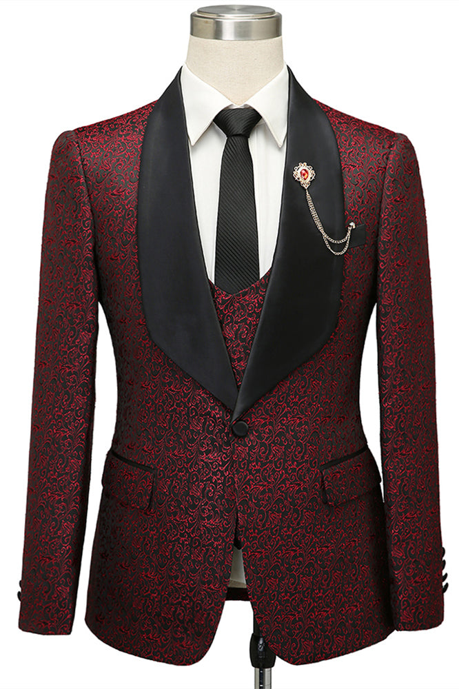 Unique Burgundy One Button Shawl Lapel Jacquard Wedding Tuxedo-Wedding Suits-BallBride