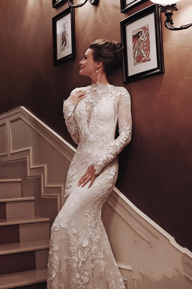 Unique Long Sleeve Mermaid Wedding Dress with Appliques Lace-Wedding Dresses-BallBride