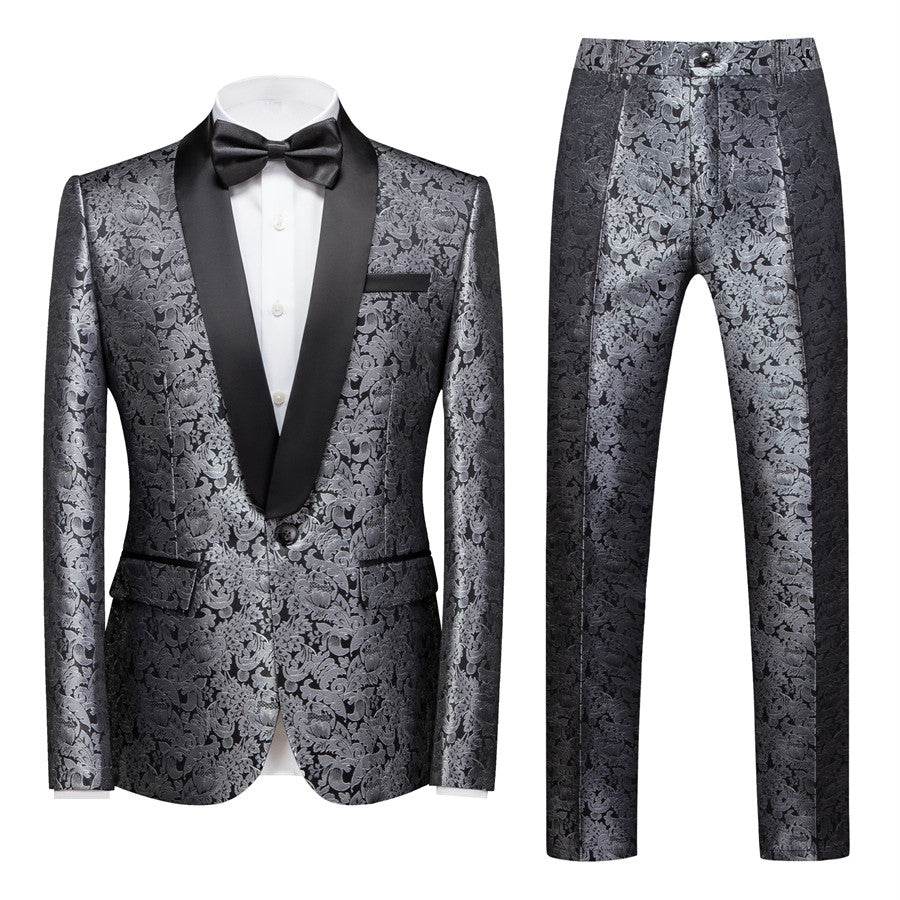 Unique Silver Jacquard Wedding Suit for Men with Shawl Lapel and One Button-Wedding Suits-BallBride
