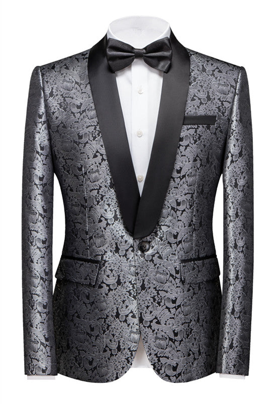 Unique Silver Jacquard Wedding Suit for Men with Shawl Lapel and One Button-Wedding Suits-BallBride