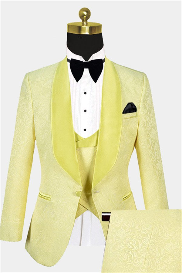 Unique Three Pieces Shawl Lapel Yellow Jacquard Morning Suit-Prom Suits-BallBride