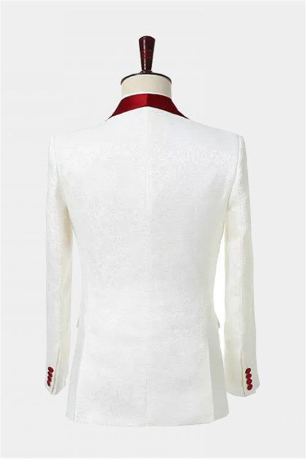Unique Two Pieces Slim Fit Double Breasted Floral White Tuxedo for Men-Wedding Suits-BallBride