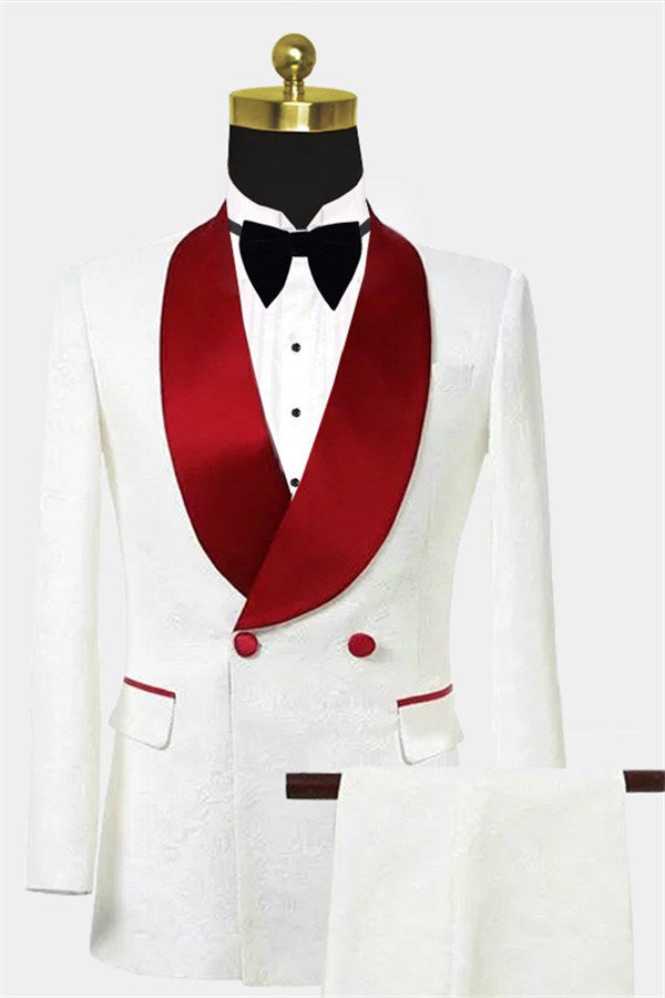 Unique Two Pieces Slim Fit Double Breasted Floral White Tuxedo for Men-Wedding Suits-BallBride