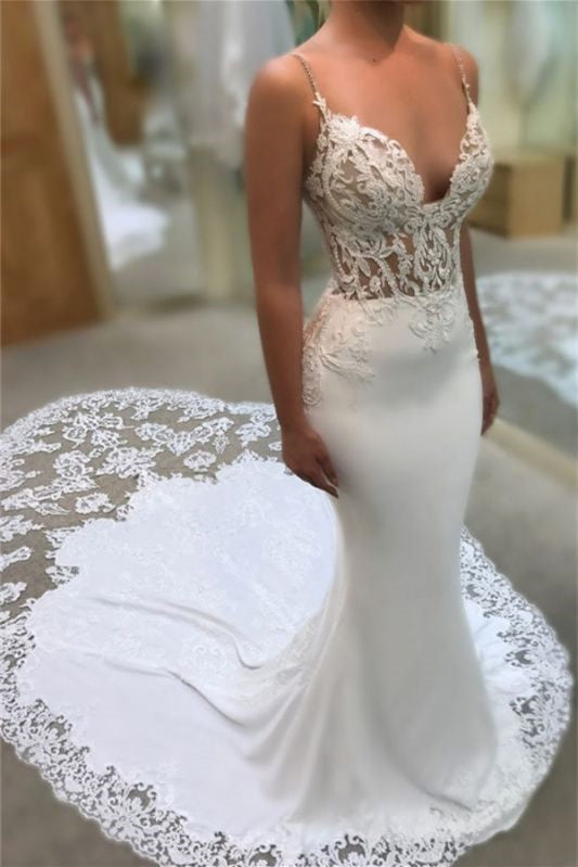 V-Neck Applique Spaghetti-Straps Mermaid Wedding Dress-Wedding Dresses-BallBride