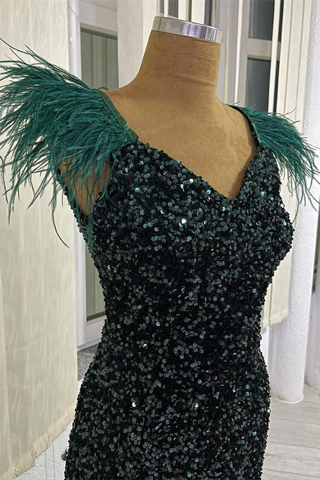 V-Neck Dark Green Evening Dress with Sequins and Feathers-BallBride