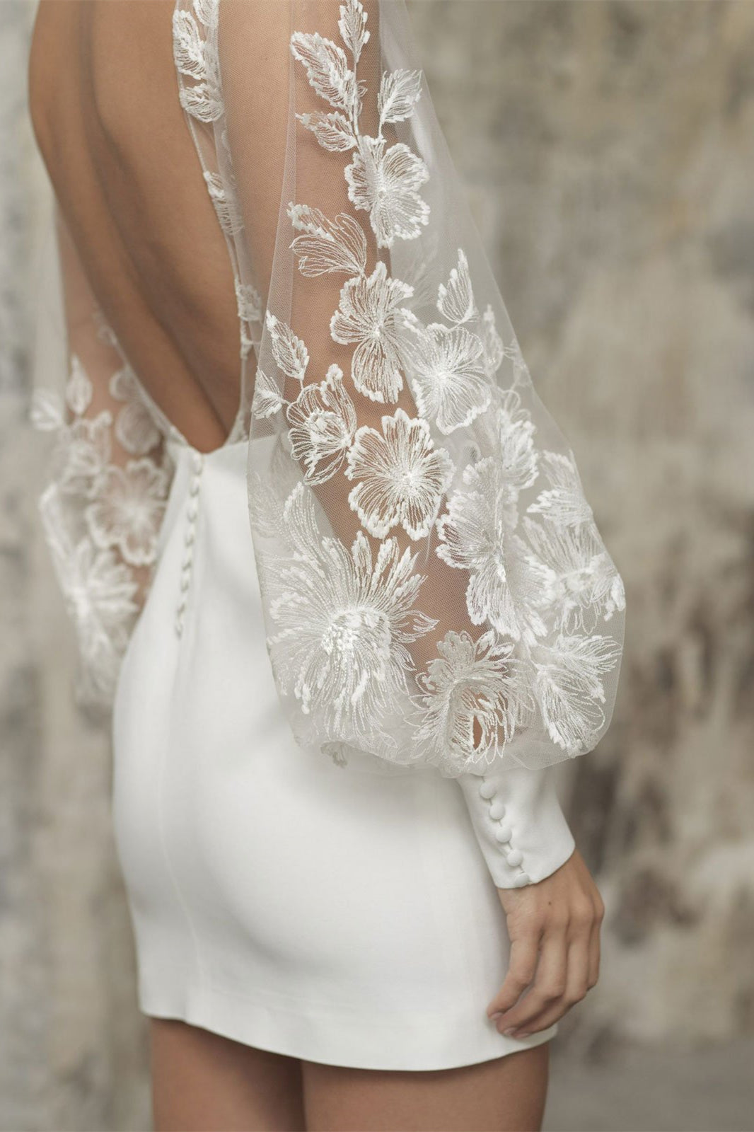 V Neck Long Sleeves Charmeuse Lace Wedding Dress-Wedding Dresses-BallBride