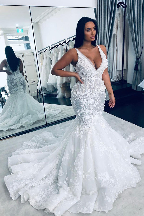 V-neck Mermaid Wedding Dress with Floral Bearings Straps-Wedding Dresses-BallBride
