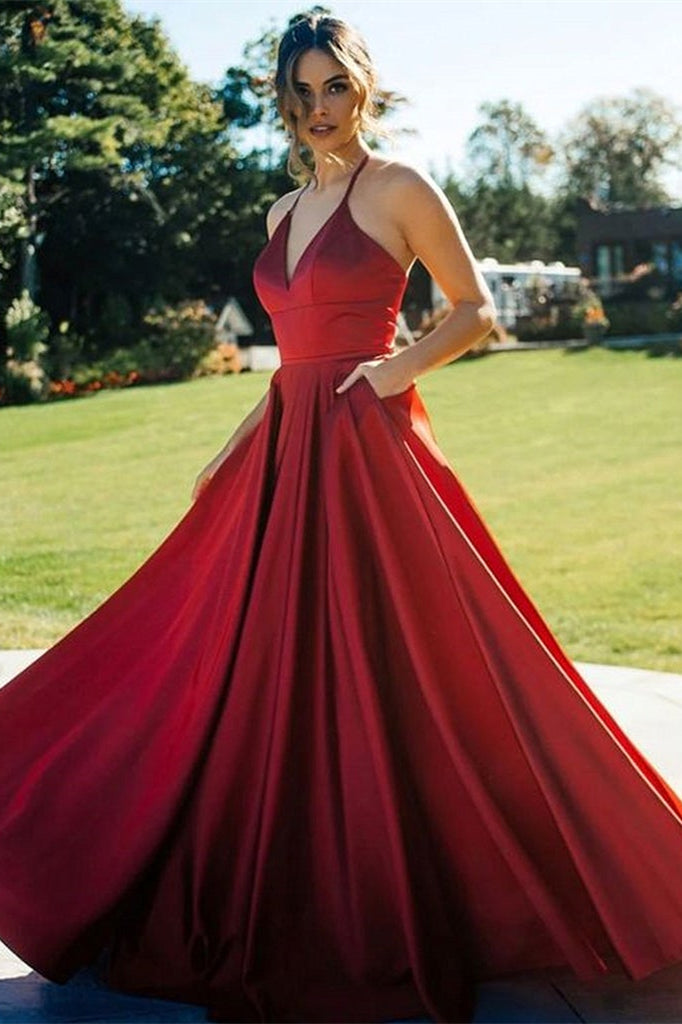 V-Neck Red Evening Dress With Pockets-BallBride