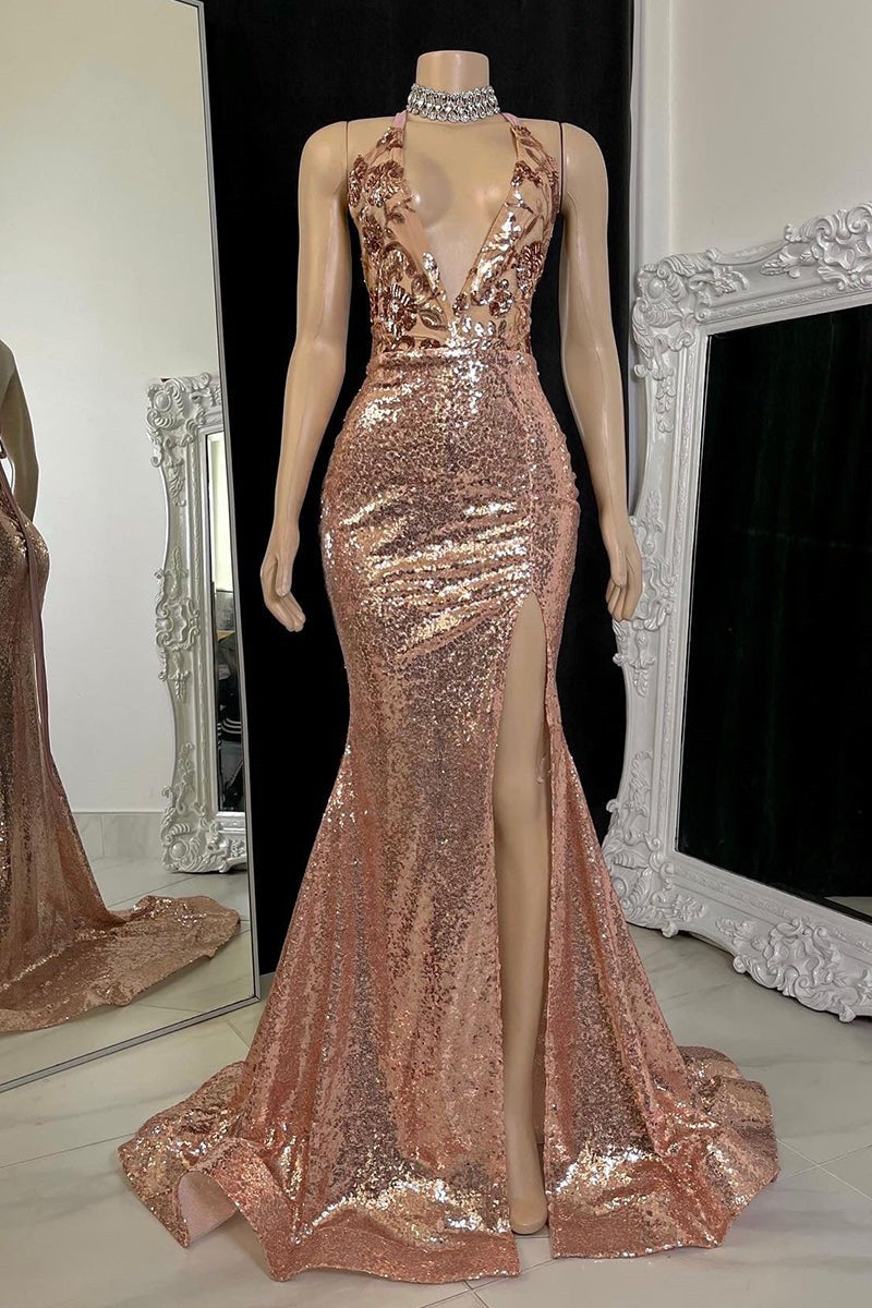 V-Neck Sleeveless Slit Prom Dress On Sale With Glittering Sequins-Occasion Dress-BallBride
