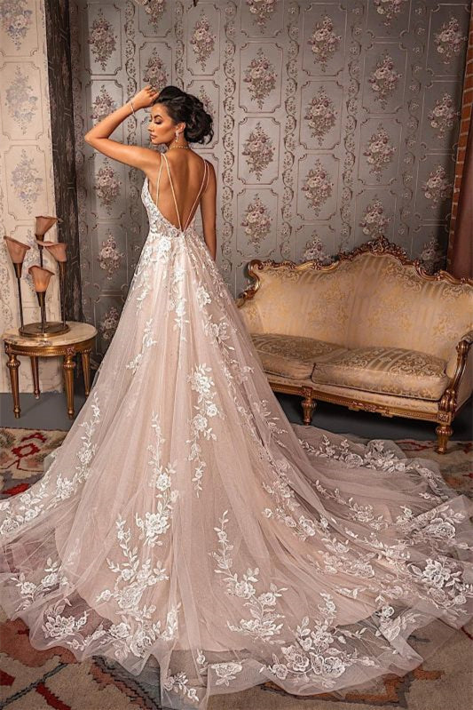V-Neck Tulle A-Line Lace Appliques Wedding Dress-Wedding Dresses-BallBride