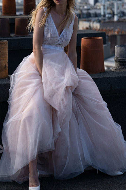 V-Neck Tulle Sleeveless Wedding Dress for the Beach-Wedding Dresses-BallBride