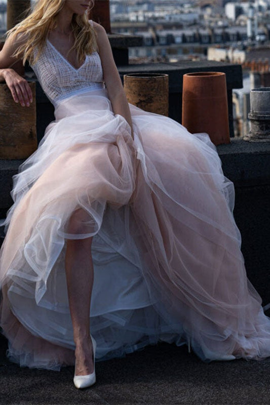 V-Neck Tulle Sleeveless Wedding Dress for the Beach-Wedding Dresses-BallBride