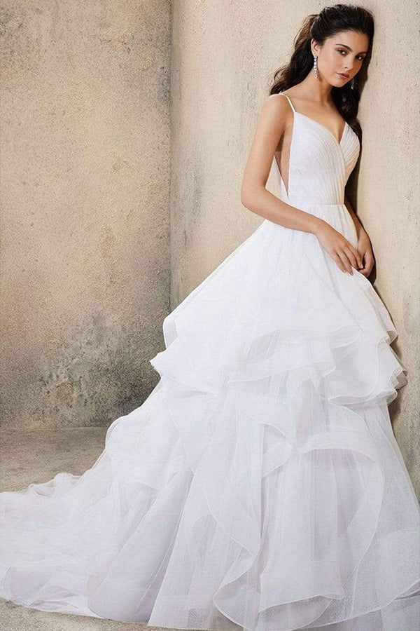 V-Neck Wedding Dress with Ruffles Tulle & Spaghetti Straps-Wedding Dresses-BallBride