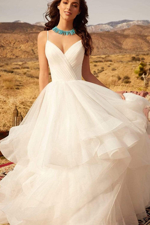 V-Neck Wedding Dress with Ruffles Tulle & Spaghetti Straps-Wedding Dresses-BallBride