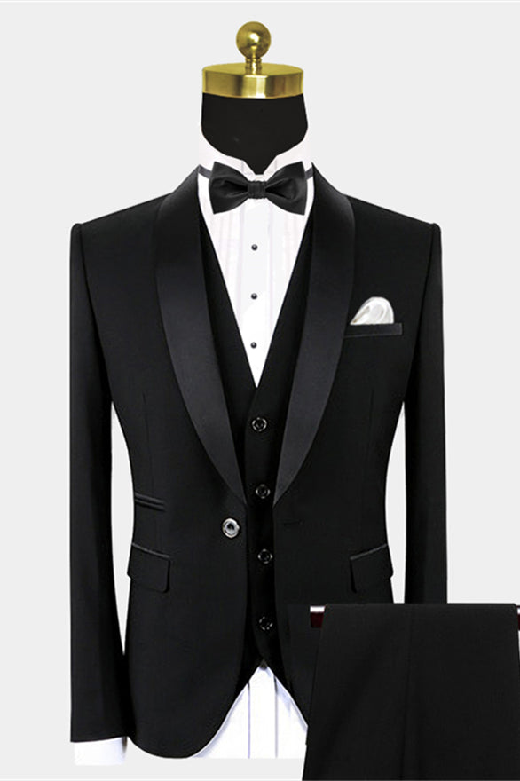 Vincent - Traditional Black Satin Shawl Lapel Wedding Tuxedo for Groom and Groomsmen-Wedding Suits-BallBride