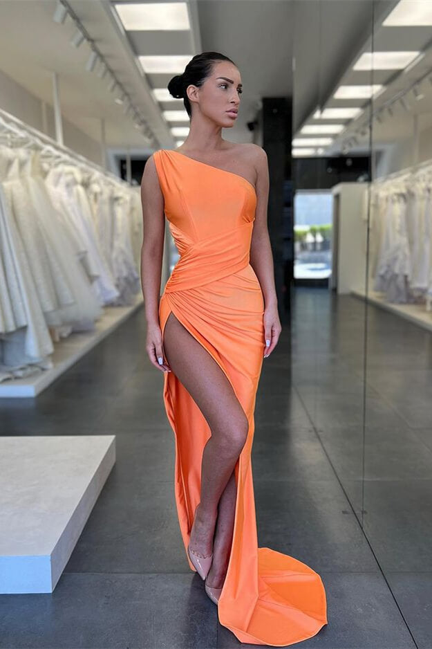 Vintage Orange One Shoulder Sleeveless Mermaid Prom Dress with Pleat Slit-BallBride