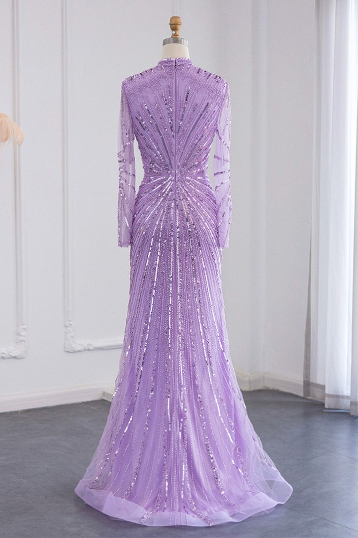 Violet High Neck Mermaid Evening Dress with Tulle Long Sleeves and Sparkle Appliques-Evening Dresses-BallBride