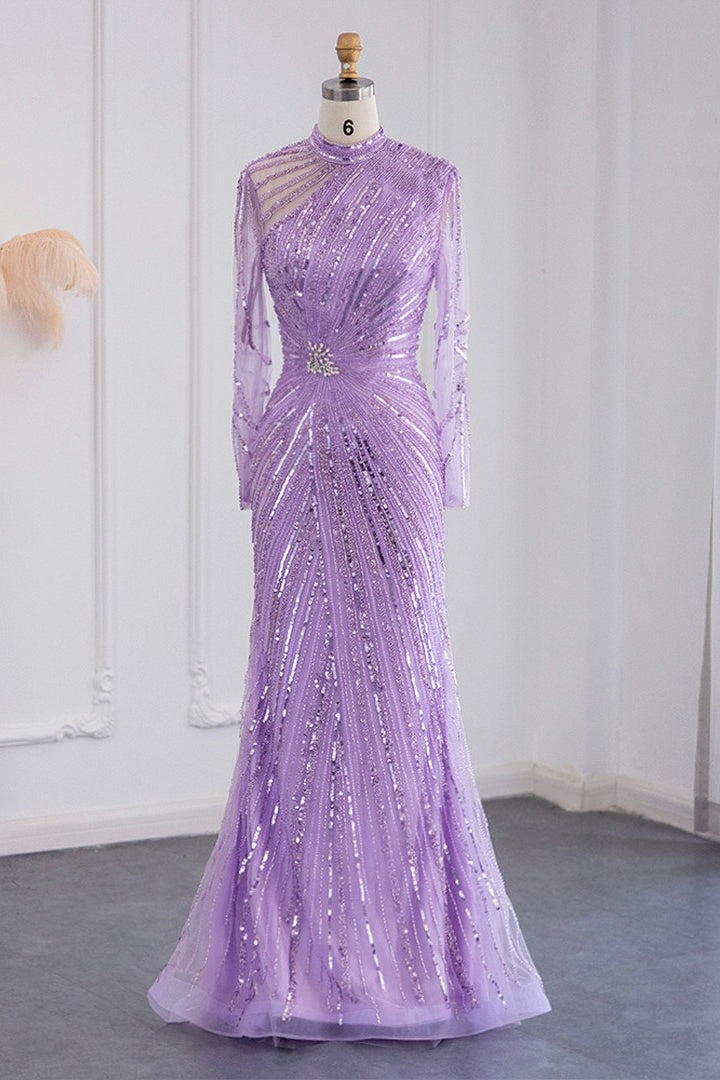 Violet High Neck Mermaid Evening Dress with Tulle Long Sleeves and Sparkle Appliques-Evening Dresses-BallBride