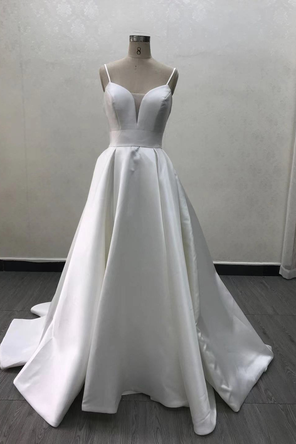 White A Line Taffeta Wedding Dress with Spaghetti Straps and Bow-Wedding Dresses-BallBride