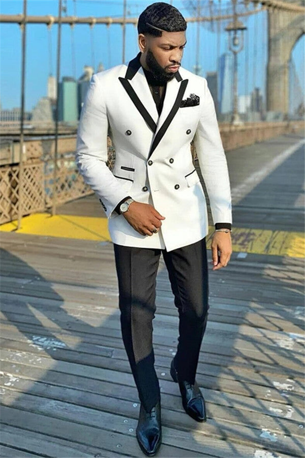 White Double Breasted Peaked Lapel Wedding Suit - New Arrival-Wedding Suits-BallBride