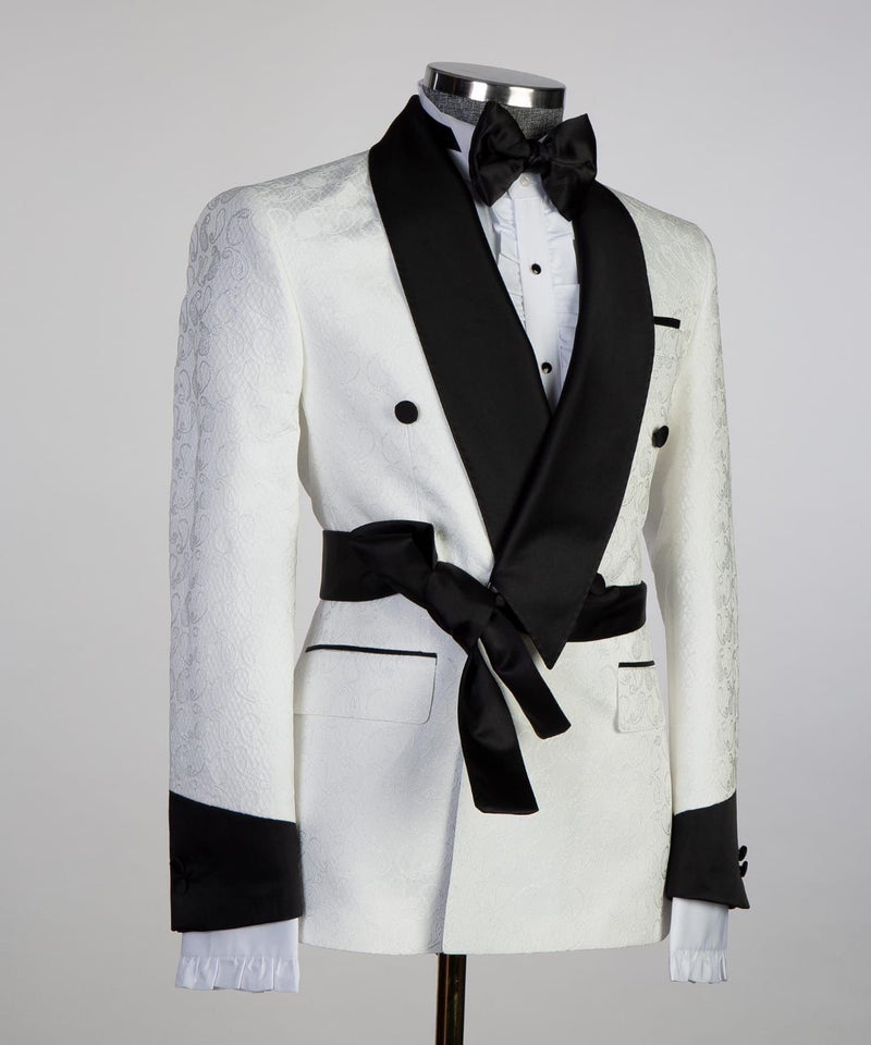 White Double Breasted Shawl Lapel Jacquard Wedding Suit for Men by Cuthbert Fashion-Wedding Suits-BallBride