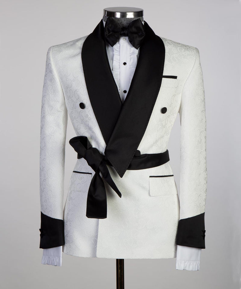 White Double Breasted Shawl Lapel Jacquard Wedding Suit for Men by Cuthbert Fashion-Wedding Suits-BallBride