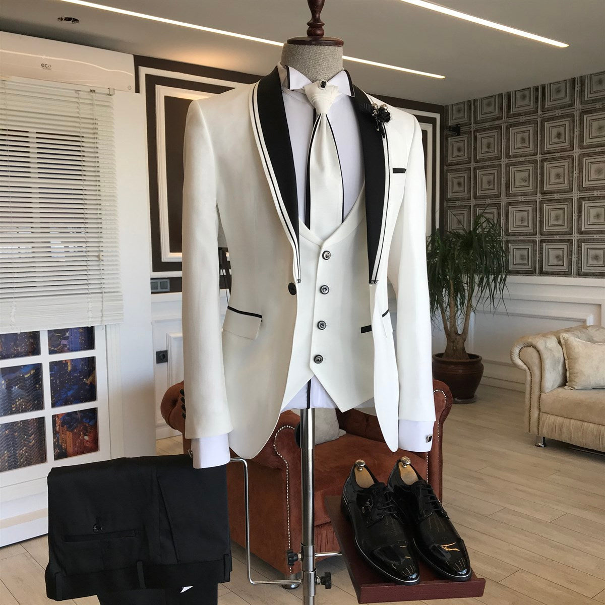 White Easy Fit Bespoke Wedding Suit with Black Shawl Lapel for Men - London-Wedding Suits-BallBride