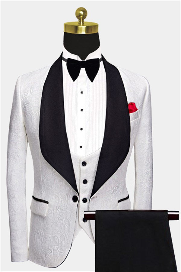 White Floral Men Suit with Black Lapel - 3 Piece Dinner Set-Wedding Suits-BallBride