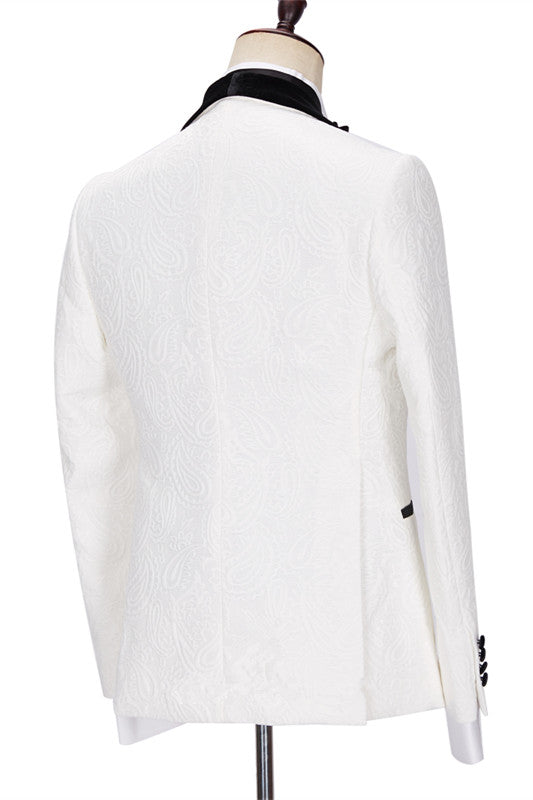 White Jacquard 3-Piece Wedding Suit with Velvet Lapel for Men ¡§C New Arrival-Wedding Suits-BallBride