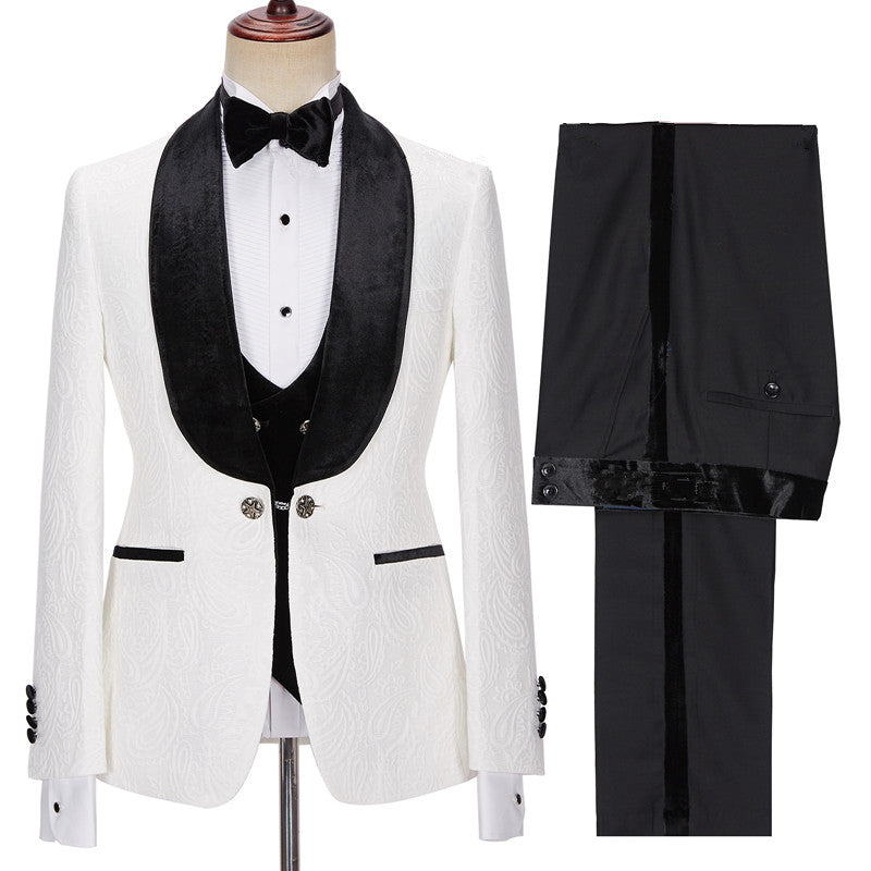 White Jacquard 3-Piece Wedding Suit with Velvet Lapel for Men ¡§C New Arrival-Wedding Suits-BallBride