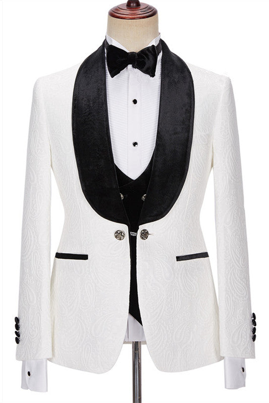 White Jacquard 3-Piece Wedding Suit with Velvet Lapel for Men ¡§C New Arrival-Wedding Suits-BallBride