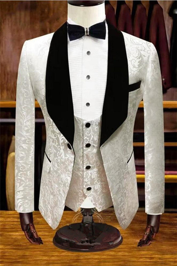 White Jacquard 3-Piece Wedding Tuxedos | Men Suits for Groom-Wedding Suits-BallBride