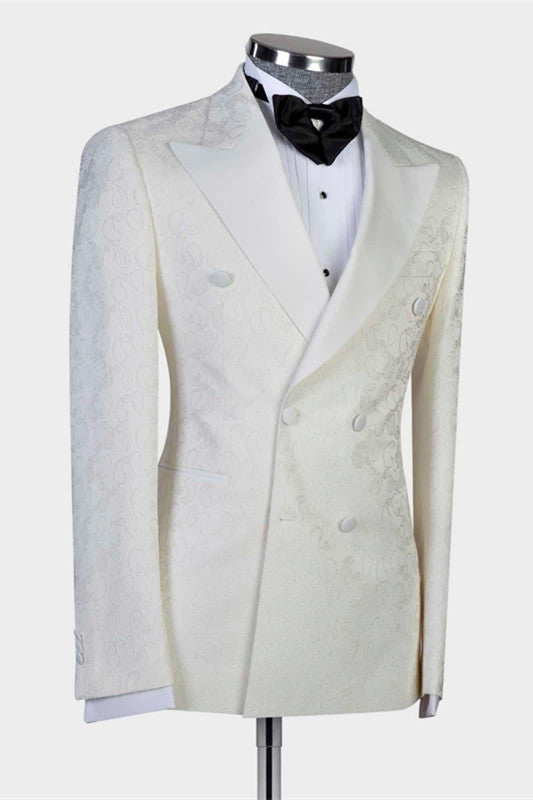 White Jacquard Peaked Lapel Wedding Suit for Men-Wedding Suits-BallBride