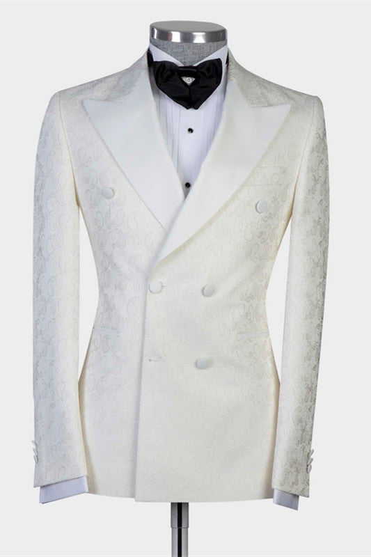 White Jacquard Peaked Lapel Wedding Suit for Men-Wedding Suits-BallBride