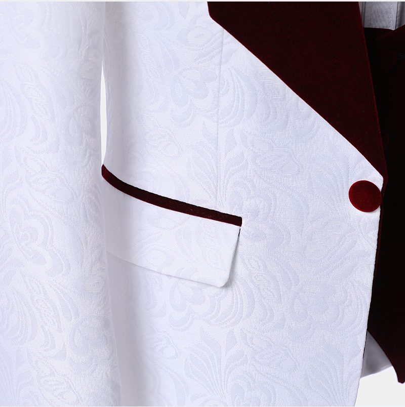 White Jacquard Wedding Suit for Groom - Burgundy Lapel-Prom Suits-BallBride