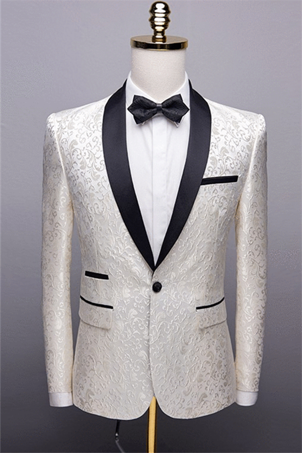 White Jacquard Wedding Suits for Men - Jacket Pants & Shawl Lapel Tuexdos-Wedding Suits-BallBride
