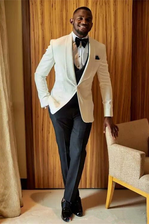 White Lapel Shawl Wedding Suit for Men - Slim Fit Style-Wedding Suits-BallBride