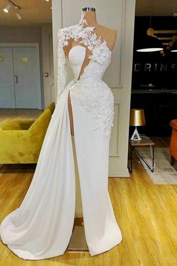 White Mermaid Elegant Evening Dress with Long Sleeves-BallBride