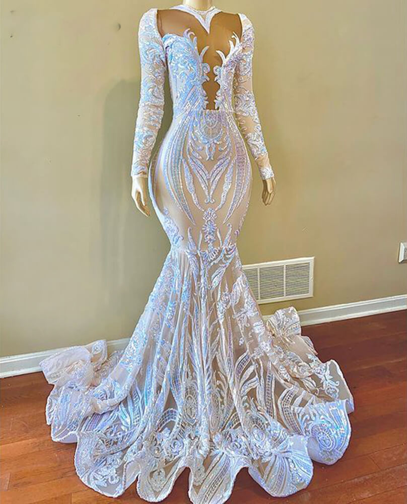 White Mermaid Prom Dress with Sequins Lace & Long Sleeves-BallBride