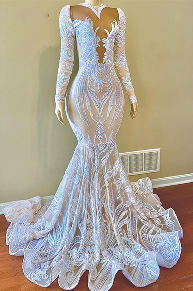 White Mermaid Prom Dress with Sequins Lace & Long Sleeves-BallBride