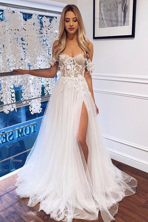 White Off-the-Shoulder A Line Boho Wedding Dress with Lace-Wedding Dresses-BallBride